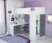 Кровать-чердак Polini Simple с письменным столом и шкафом Бело/серый